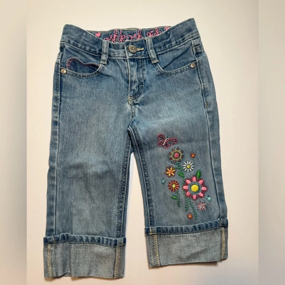 Osh Kosh Girls Vintage Denim Jeans Flowered Embroidery Size 4